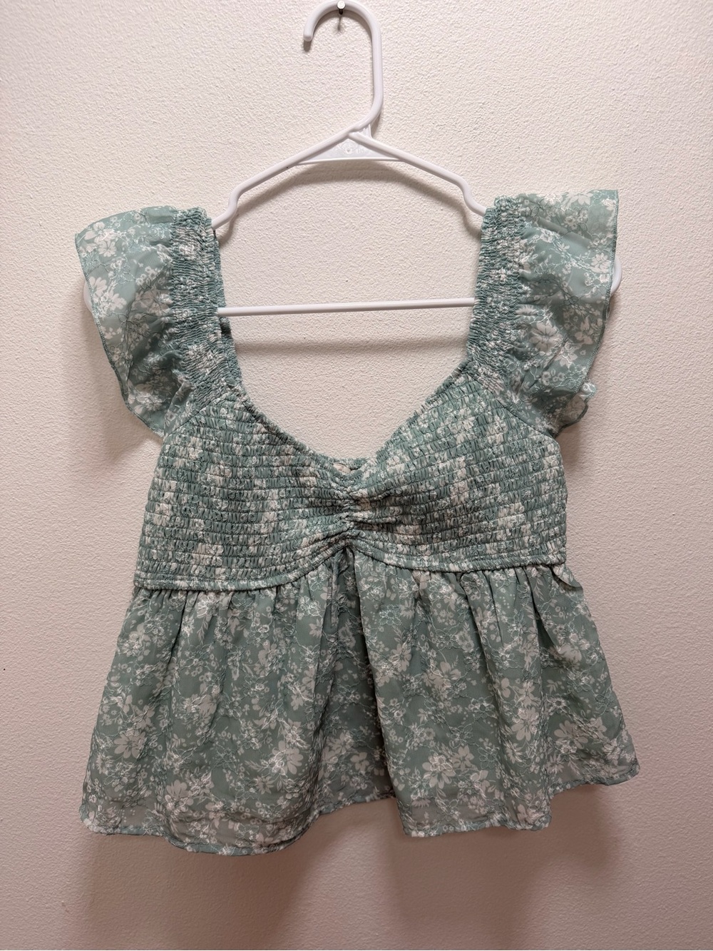 Sage Green Floral Smocked Flutter Sleeve Top